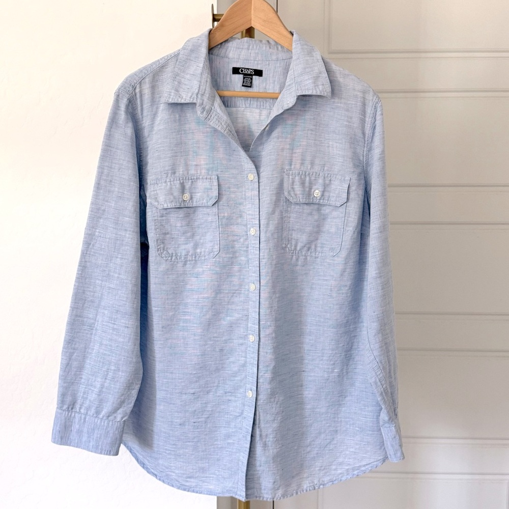 Women's Plus Size Blue Linen Button‎ Down Long Sleeve Top 2X Minimalist Scandi